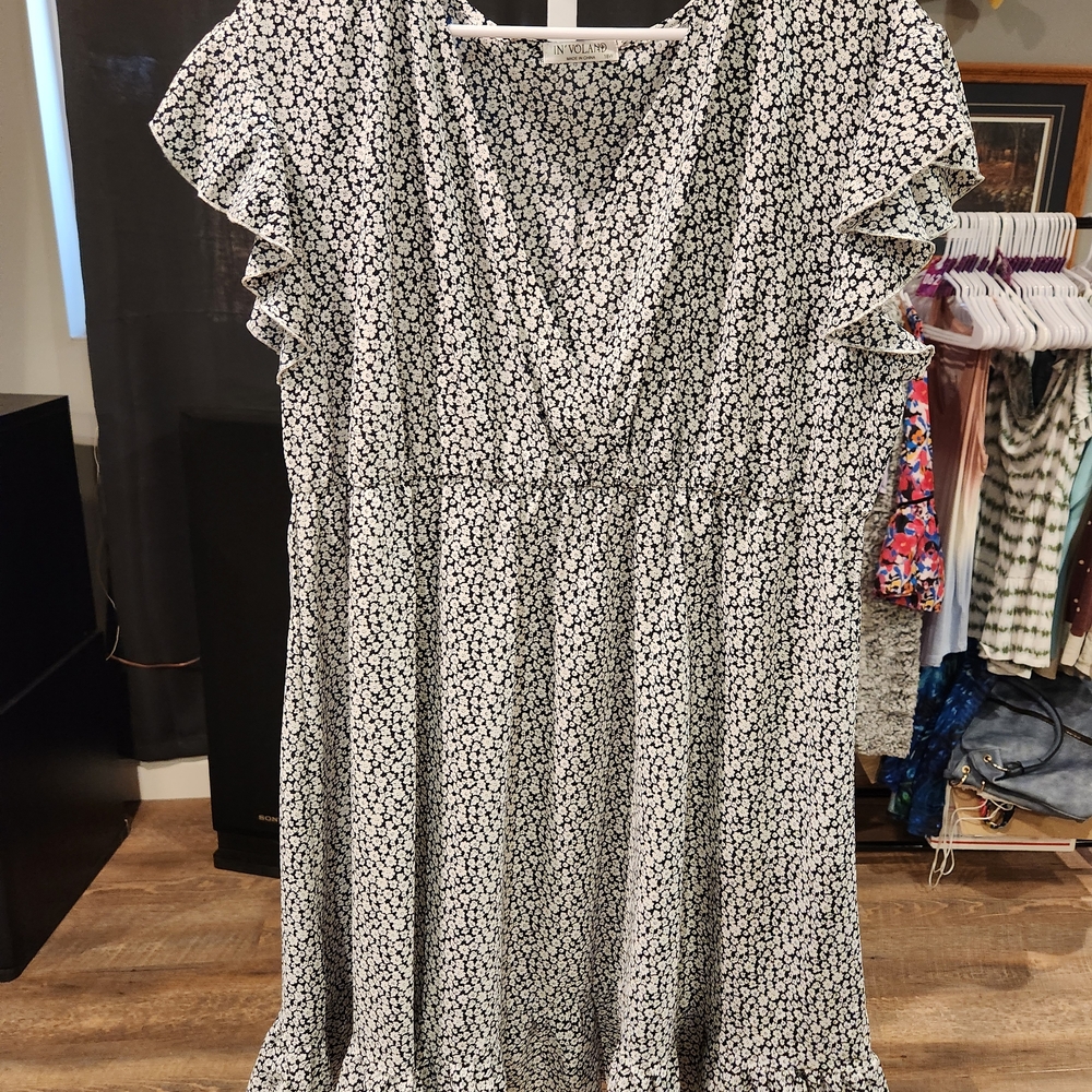 Floral V-Neck Black & White Midi Dress with Ruffle Sleeves